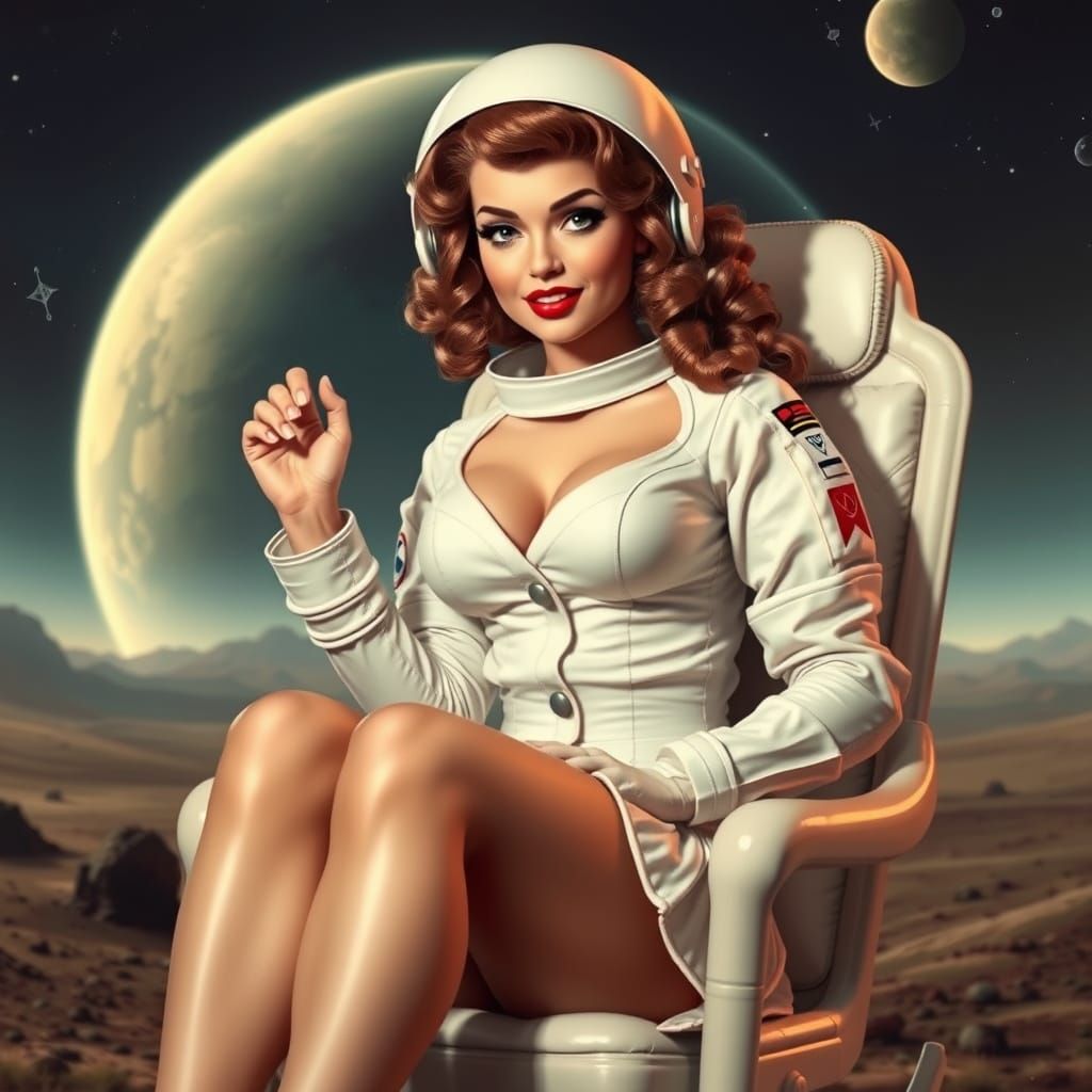 Pin-Up Astronaut on Alien Planet in Hyperrealistic Style