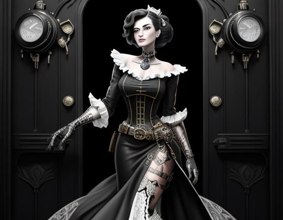 Steampunk Woman in Doorway, Lichtenstein Style Line Art