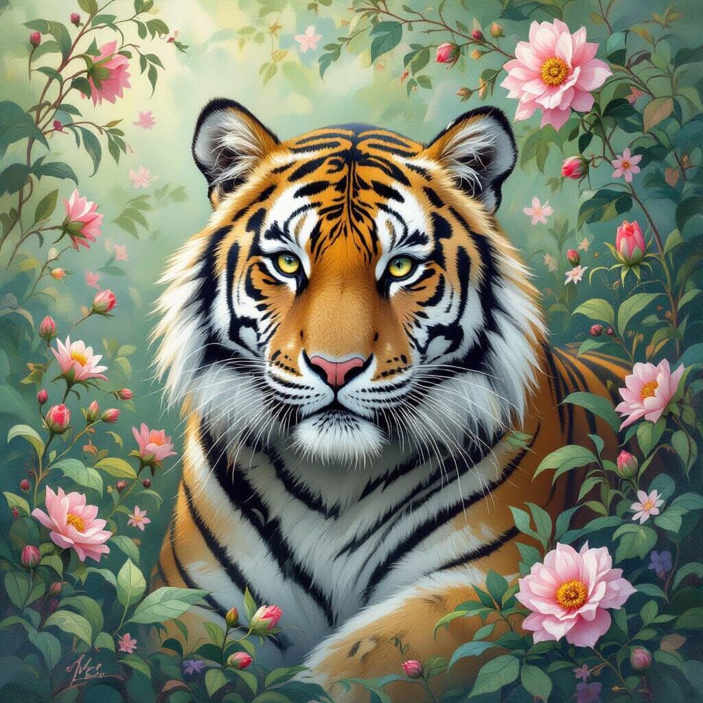 Tiger in Floral Safari: Dreamy Ethereal Digital Art