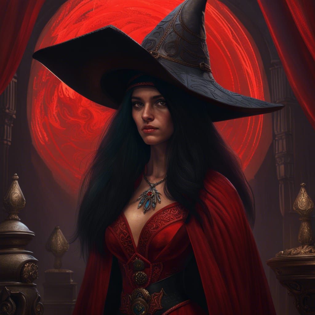 Dark Witch with Red Hat: Digital Matte Painting