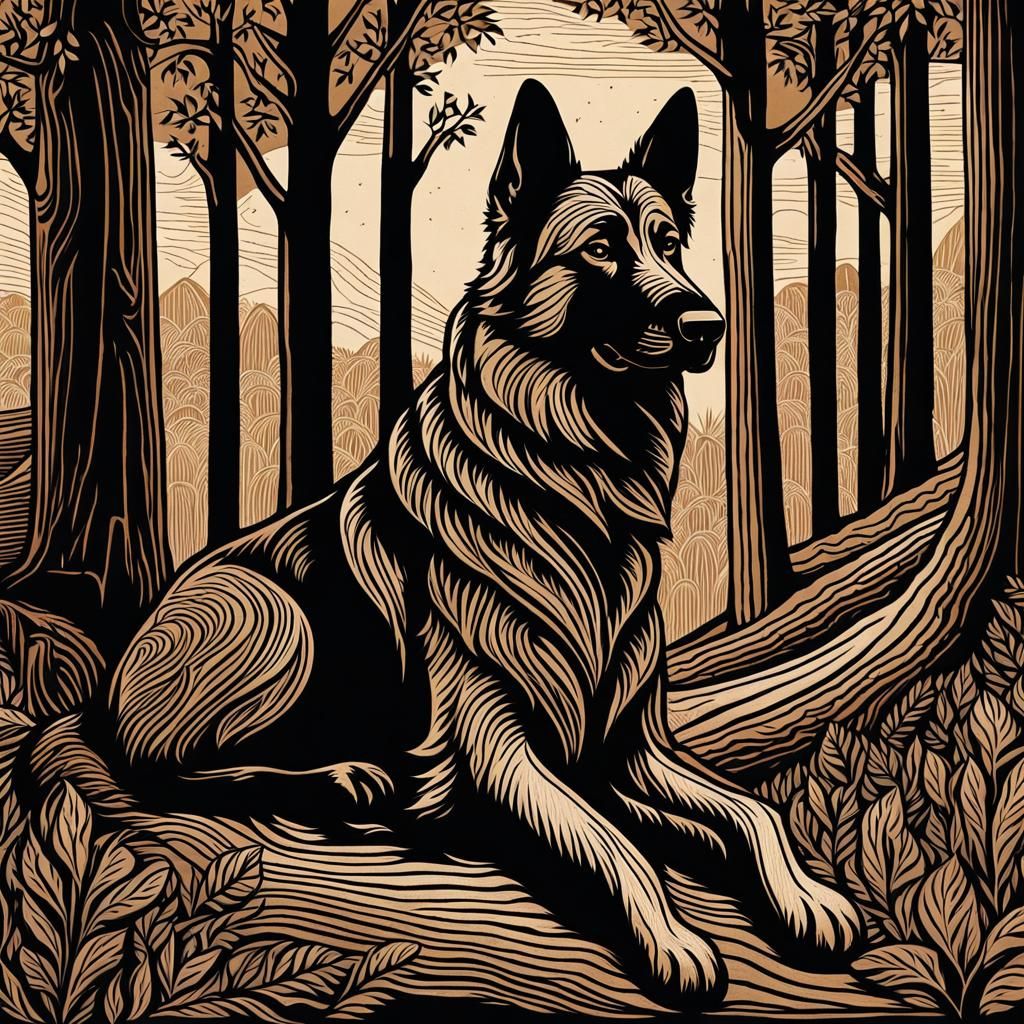 German Shepherd in Woodcut Style Illustration