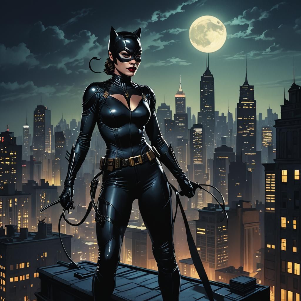 Catwoman on Gotham Rooftop in Noir Comic Style