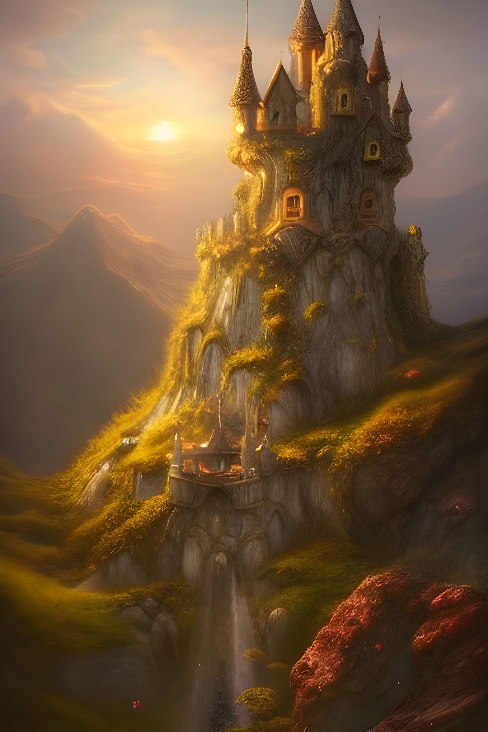 Huge fairy castle on top of a mountain