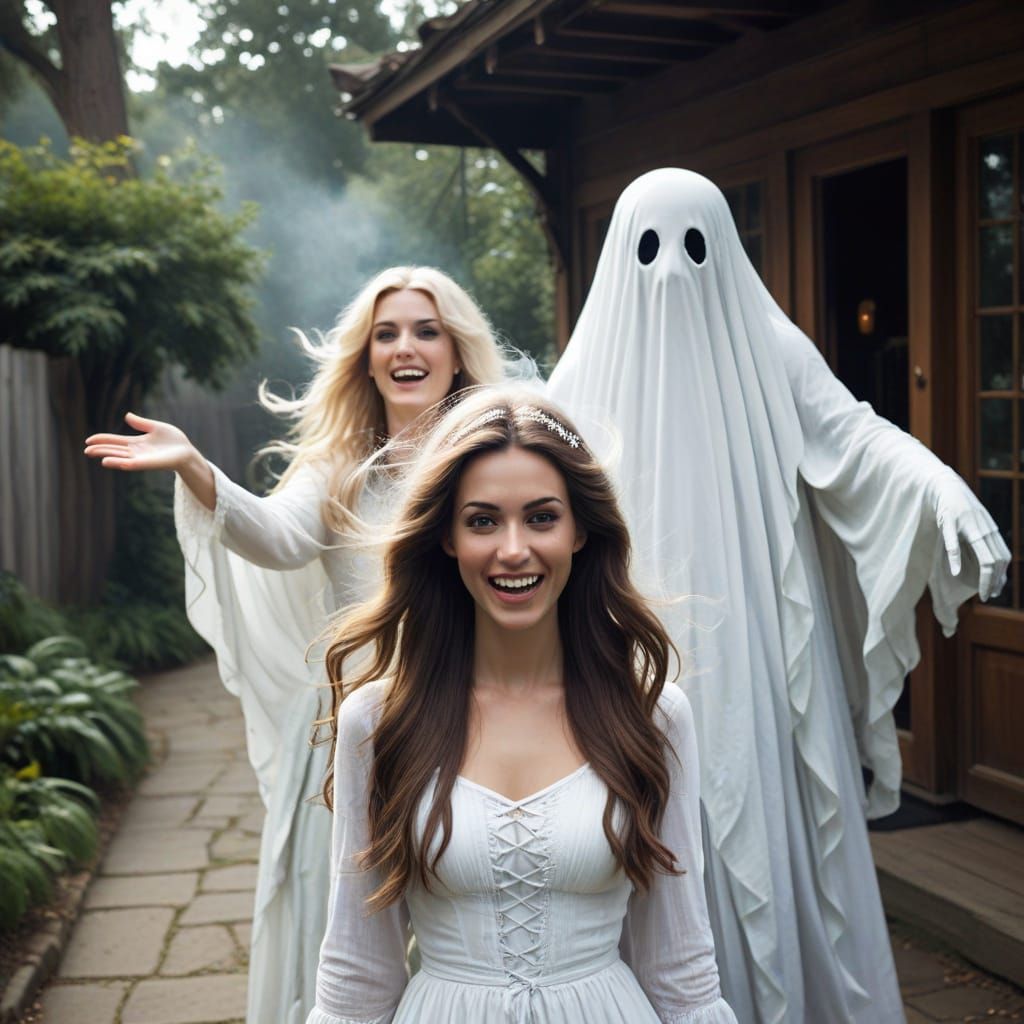 Retro-Fantasy Ghost Woman in Whimsical Comedy Mood