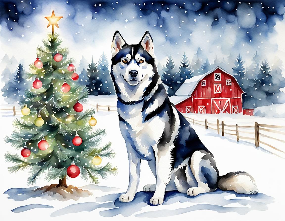 Watercolor Husky in Christmas Tree Field