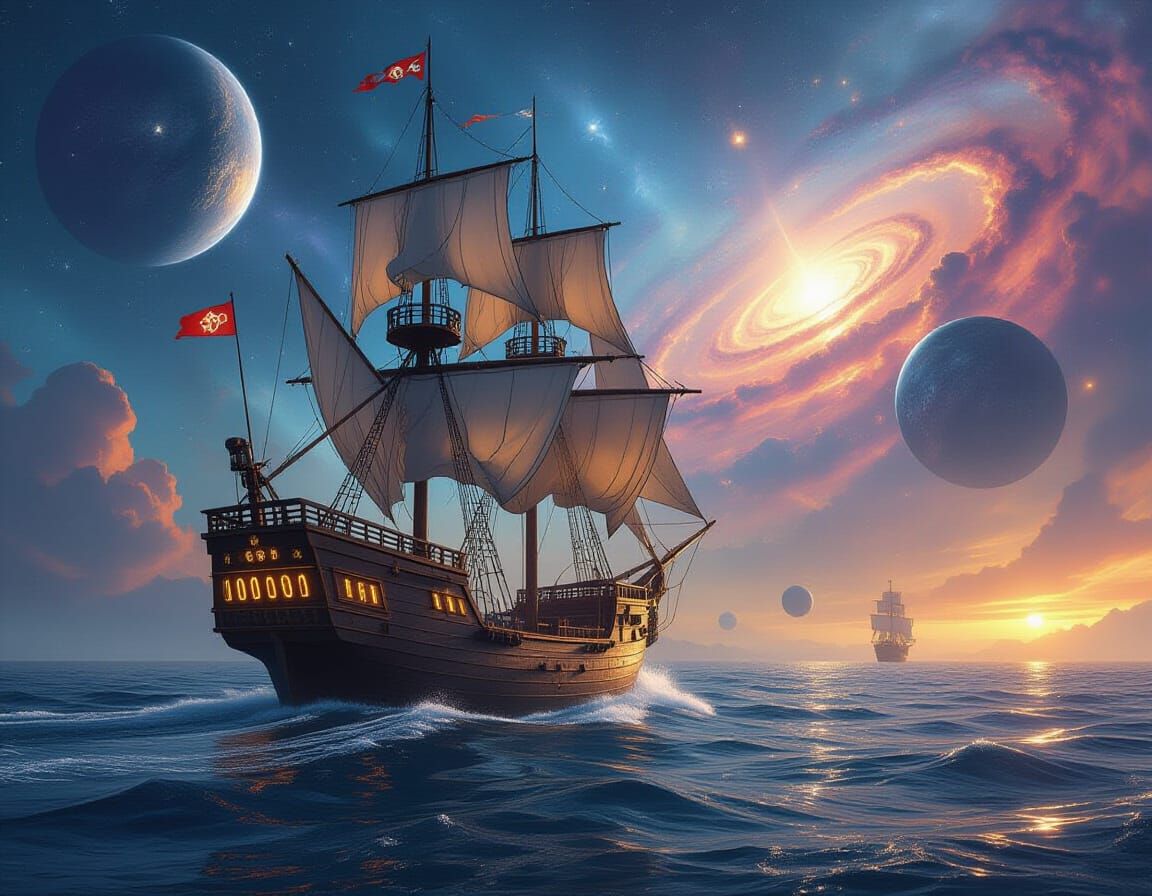 Grand Sailing Ship Navigates Starry Nebula Sea