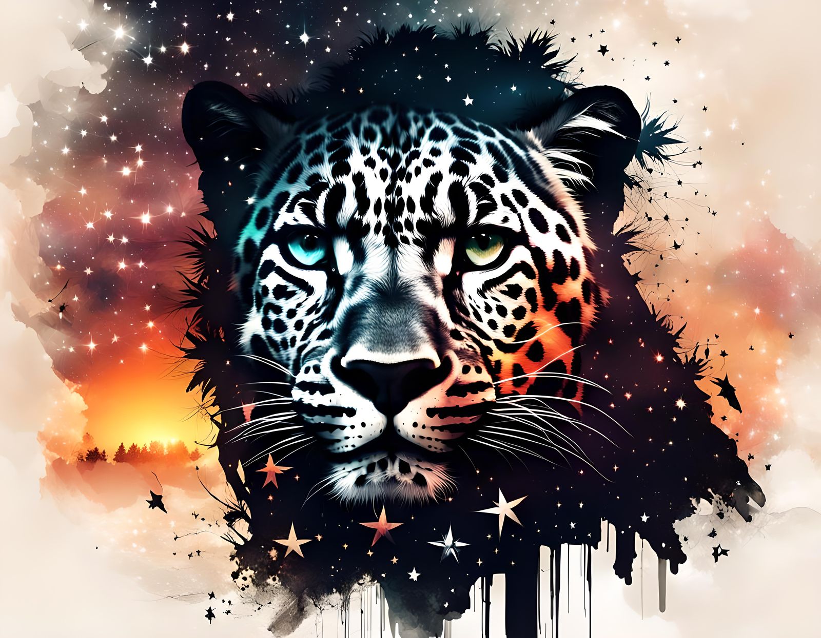 Leopard Silhouette in Jungle with Starry Galaxy Overlay
