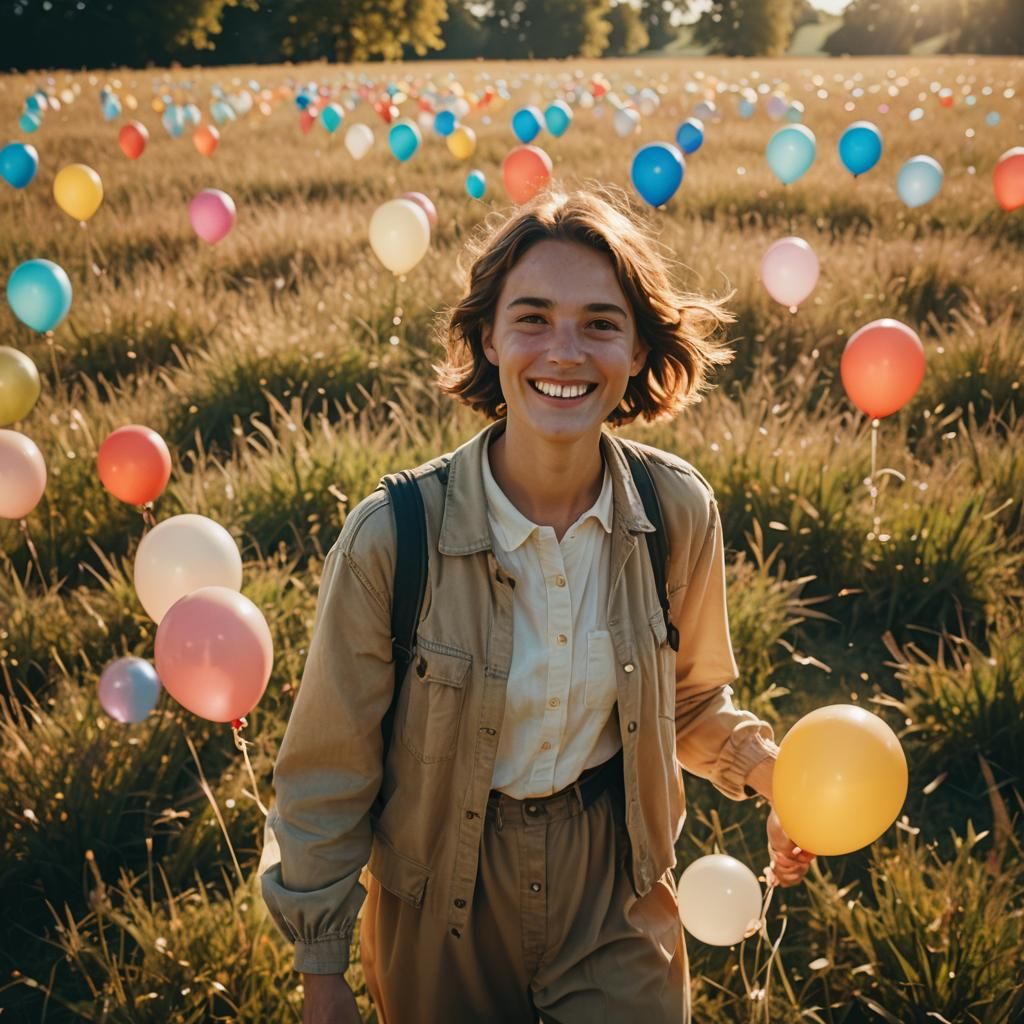 Smiling Person in Sunlit Field with Balloons