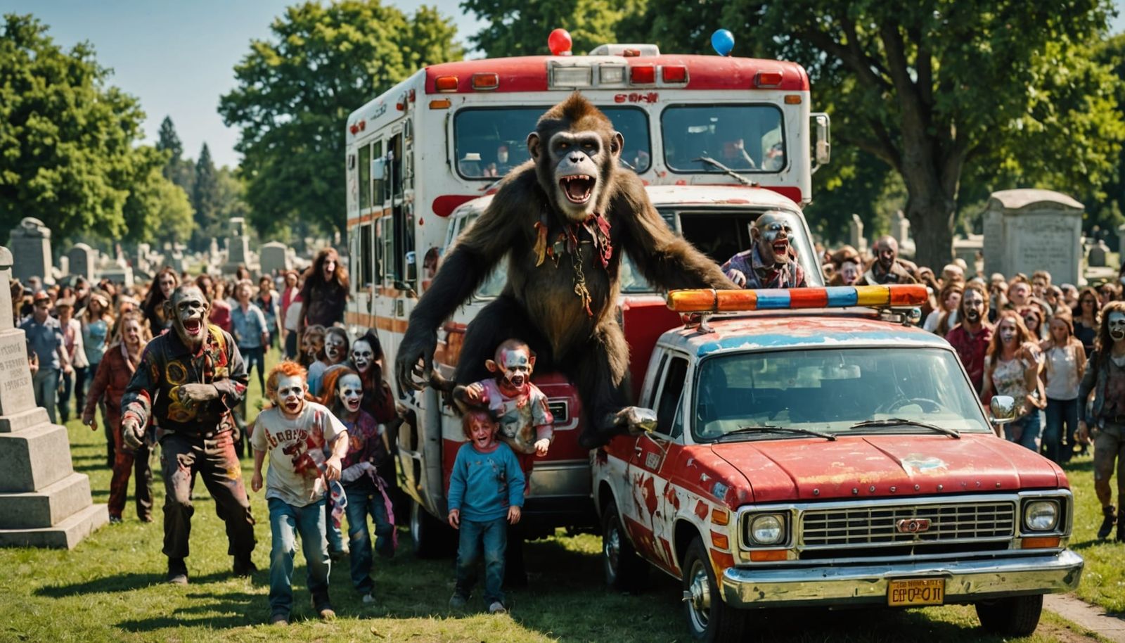 Hyperrealistic Zombie Apocalypse Scene with Clown Hunters an...