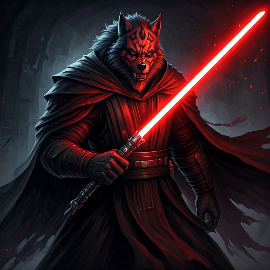 Cyberpunk Werewolf Sith Lord with Red Lightsaber