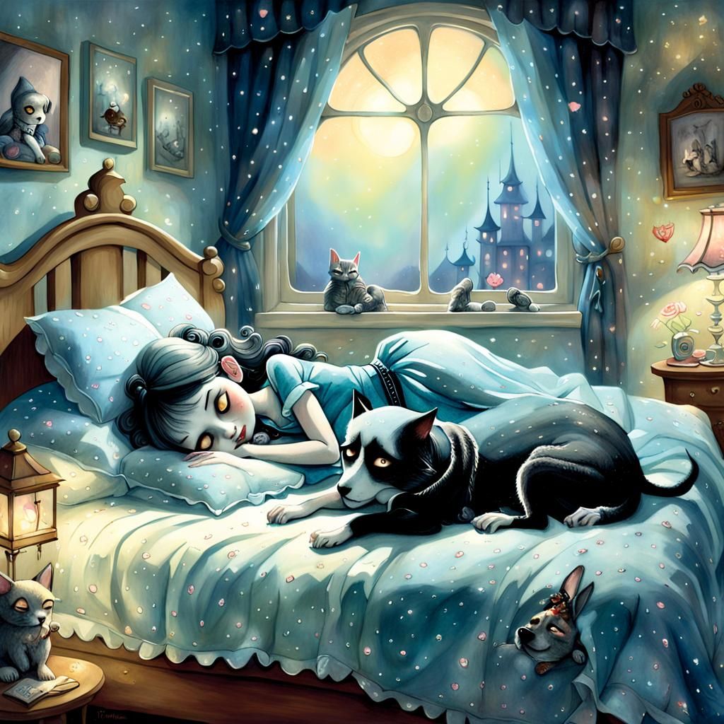 Whimsical Dark Fantasy: Woman and Pet Caricature