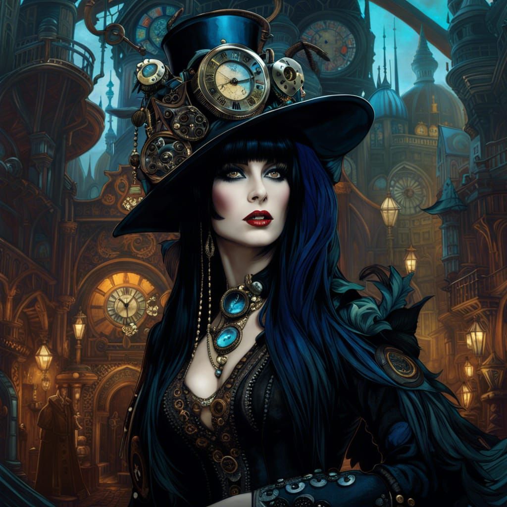 Elvira in a steampunk city