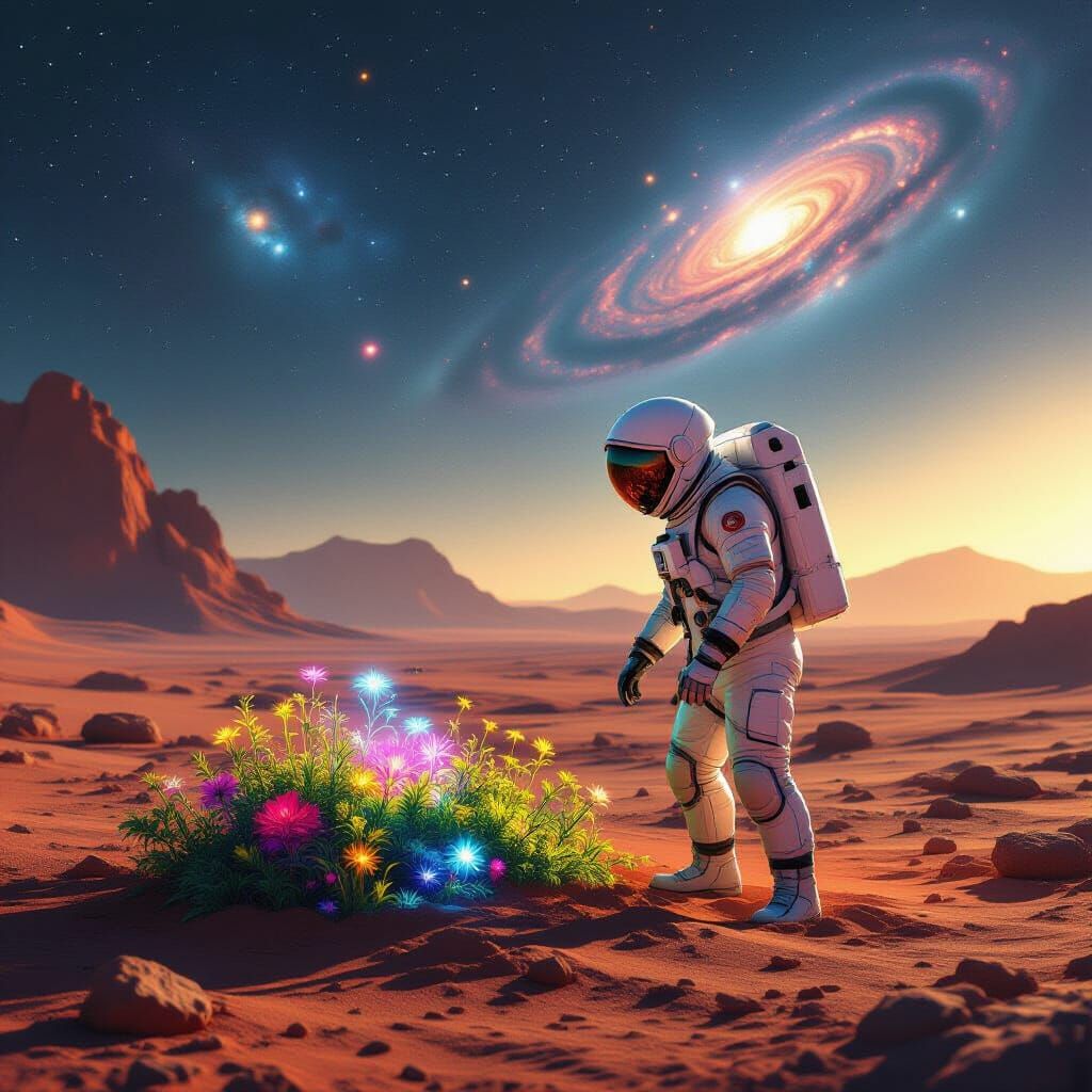 Astronaut Tends Alien Garden on Mars Amidst Nebulae Sky