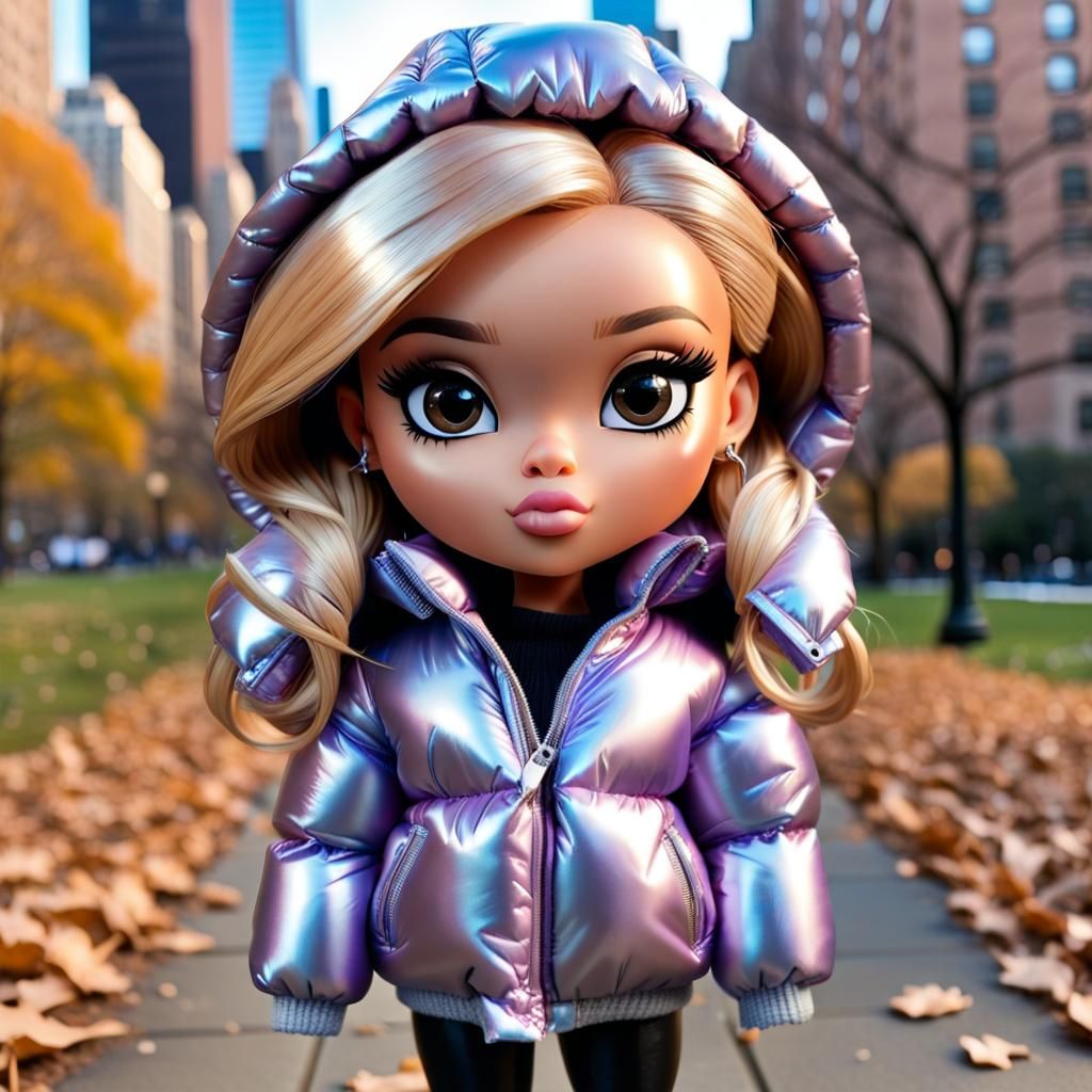 Bratz style chibi, in a shiny nylon puffer down jacket, in a...