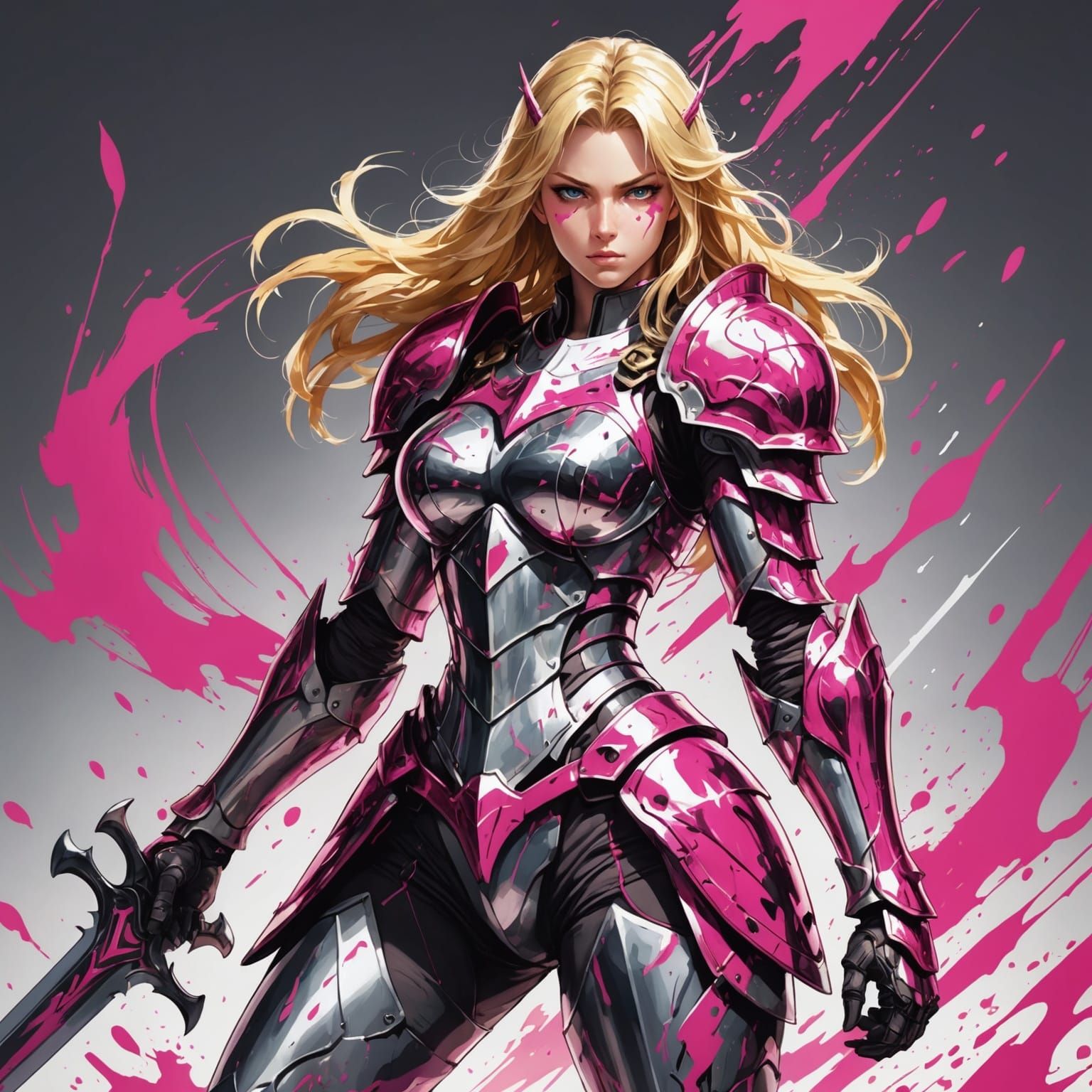 Gorgeous Anime Knight with Pink Ink Splotches
