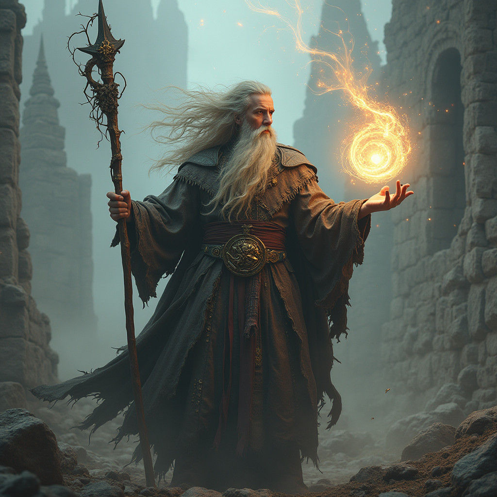 Mystical Wizard Amidst War-Torn Landscape