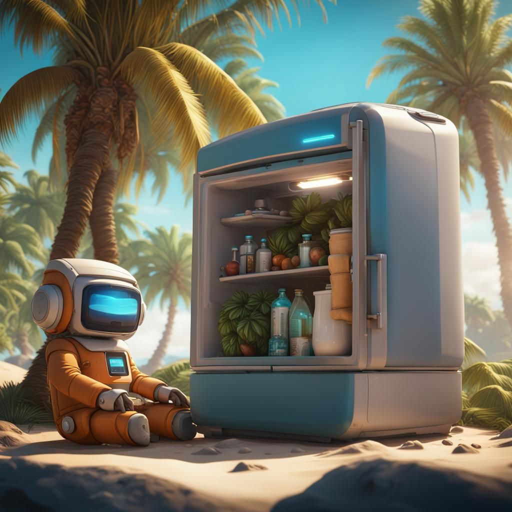 Eskimo and Robot Refrigerator on Tropical Island