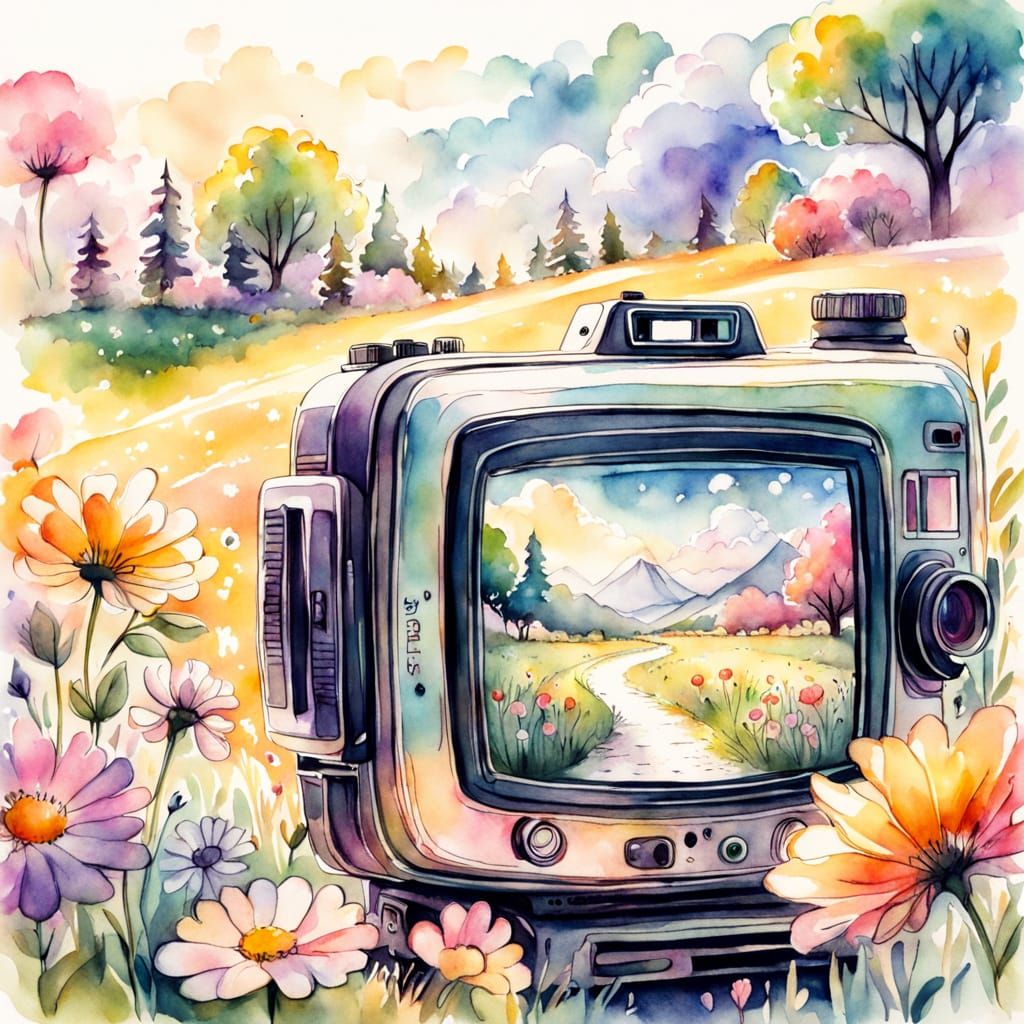 Fantasy Watercolor Sketch: Camera Amidst Flowers and Childre...