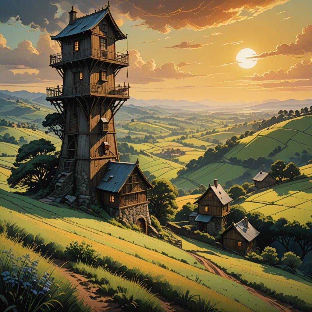 Medieval Watch Tower in Dreamlike Post-Impressionist Style