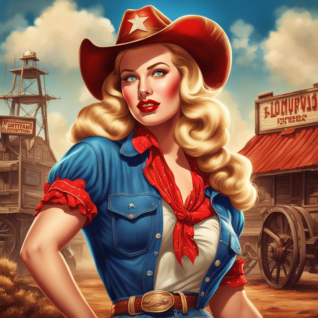 1940s Pinup Cowgirl Illustration in Matte Painting Style