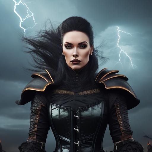 Female Sorceress Summons a Thunderstorm: Hyperrealistic Port...
