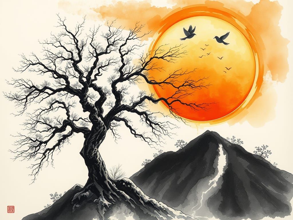 Elegant Watercolor Illustration with Japanese Sumi-e Influen...