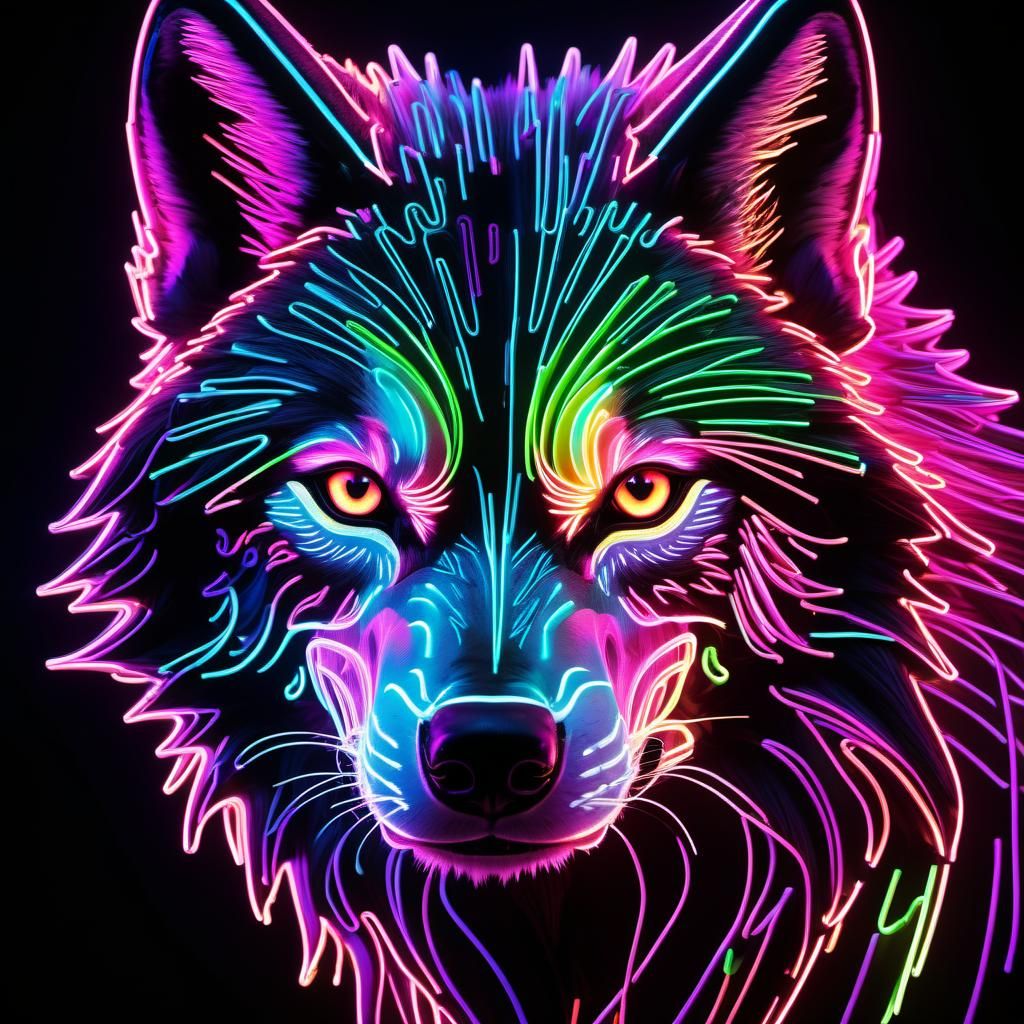 Neon Wolf in Electric Light Against Black Background