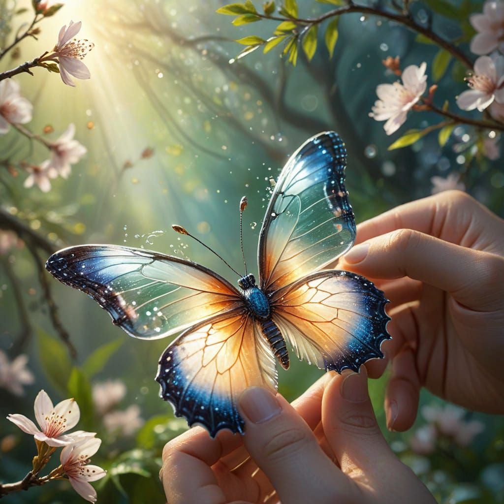 Glass Butterfly with Cherry Blossoms, Macro Oil Painting Sty...
