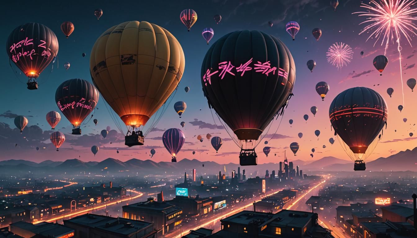 Twilight Sky Hot Air Balloons in Cyberpunk Style