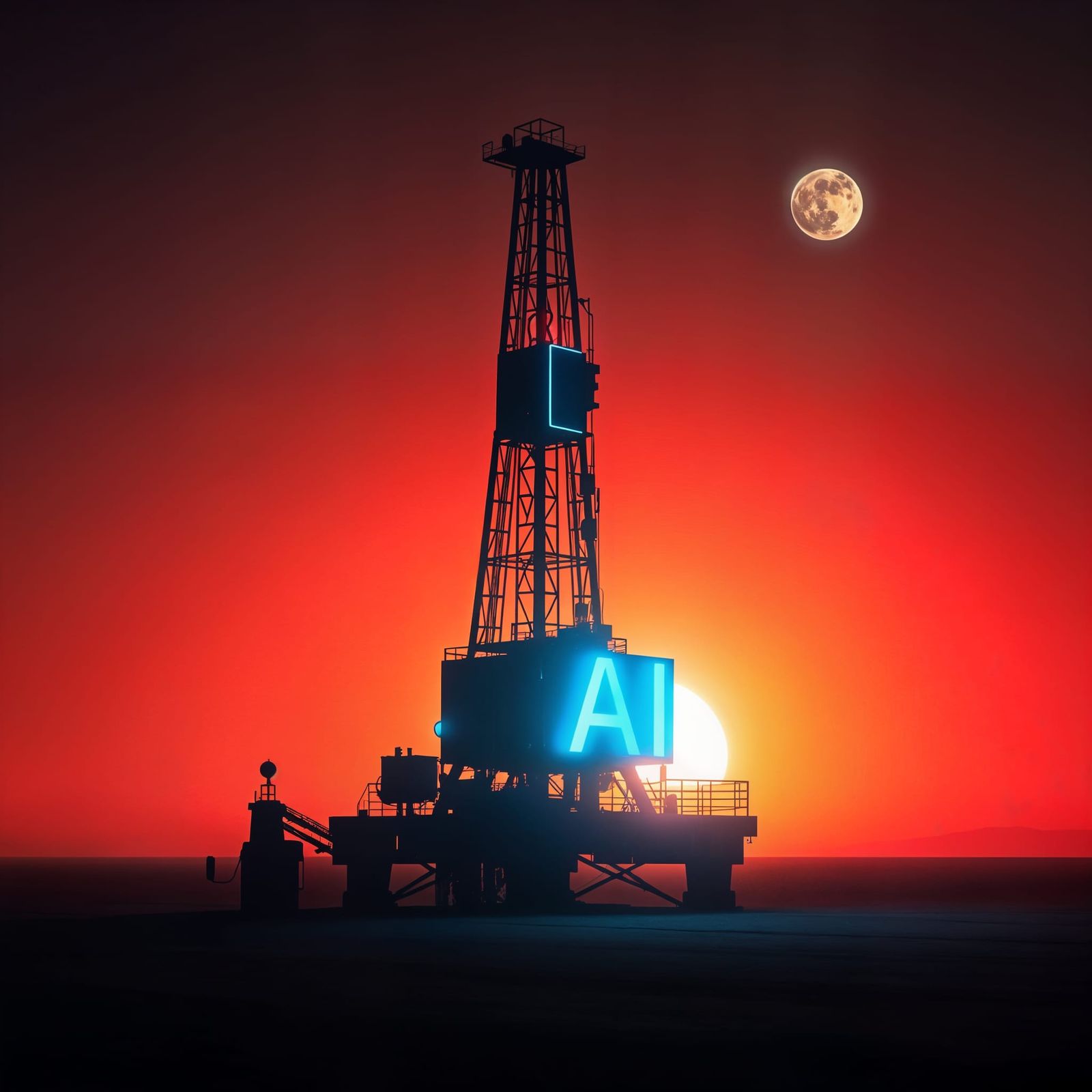 Cyberpunk AI Oil Rig at Sunset