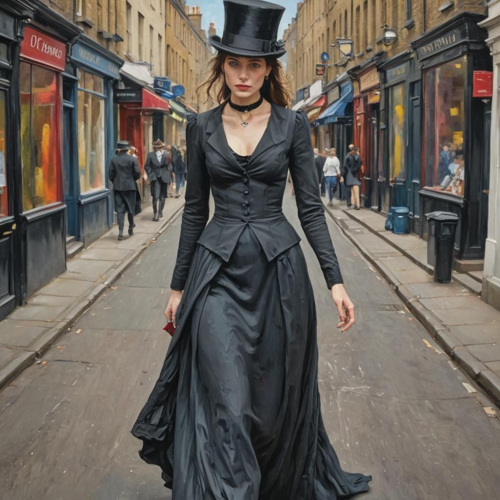 Victorian Woman in London Street, Expressionist Oil Painting