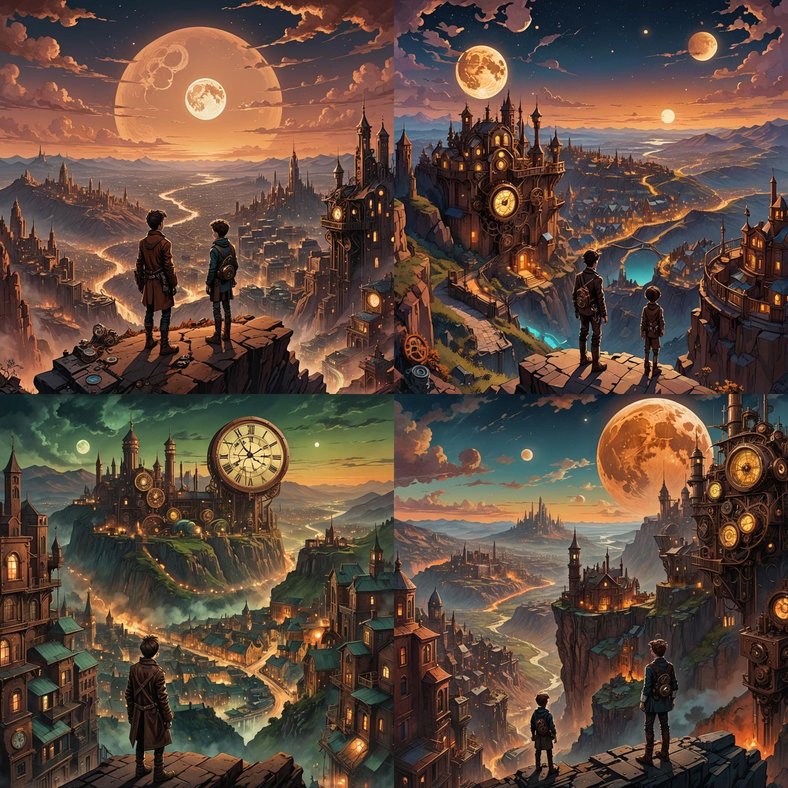 Steampunk City Under Giant Moon Digital Art