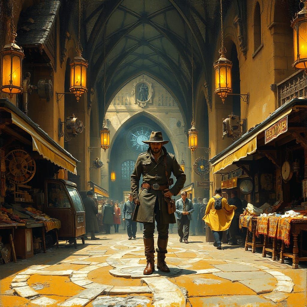 Medieval Marketplace with Time Traveler in Steampunk Style