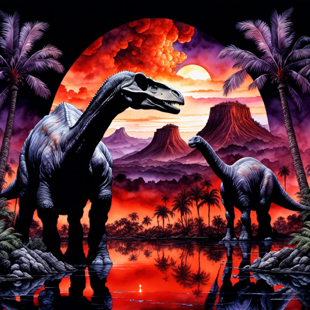 Double Exposure: Brontosaurus in Volcanic Watercolor Landsca...