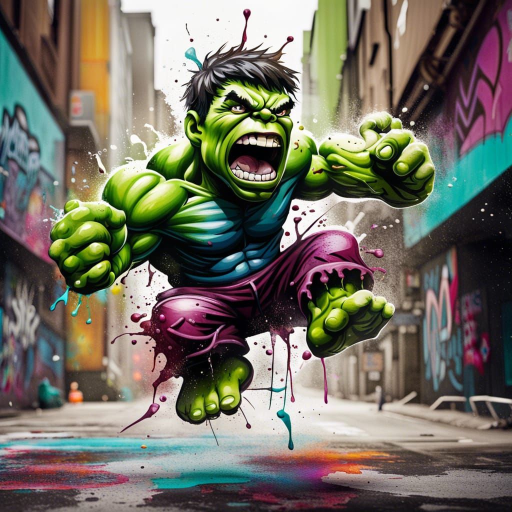 Midget Hulk Graffiti Art Jump in Street Style