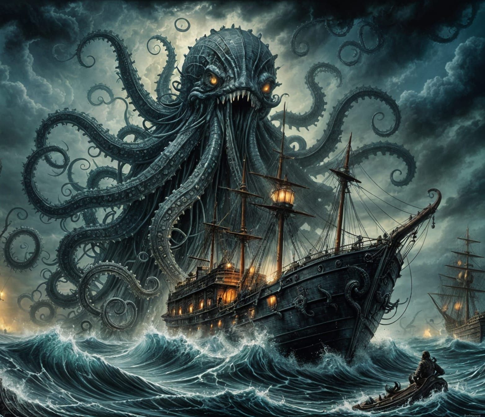Kraken Attacks Ship: Charcoal Sketch in Dark Fantasy Style