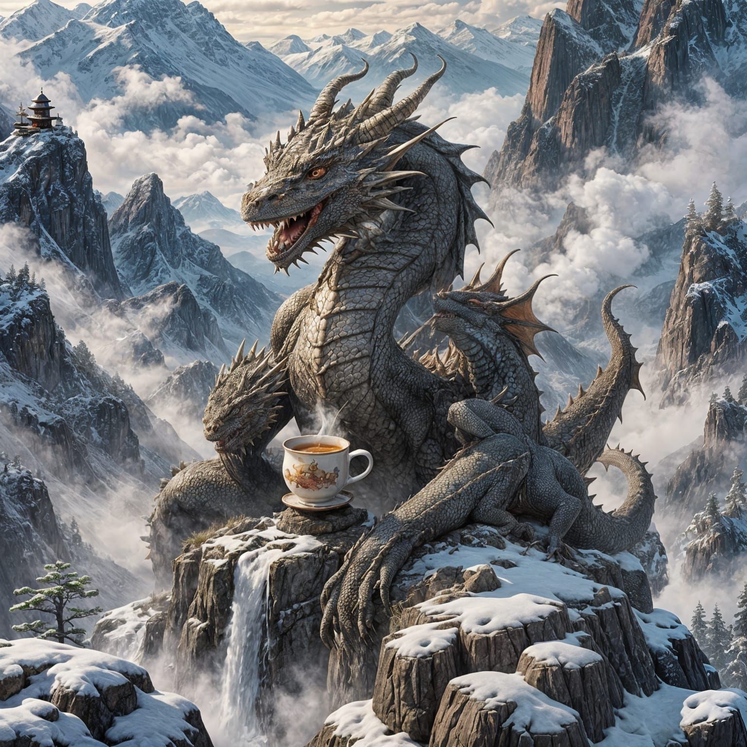 Dragon Sipping Tea Atop Mountain