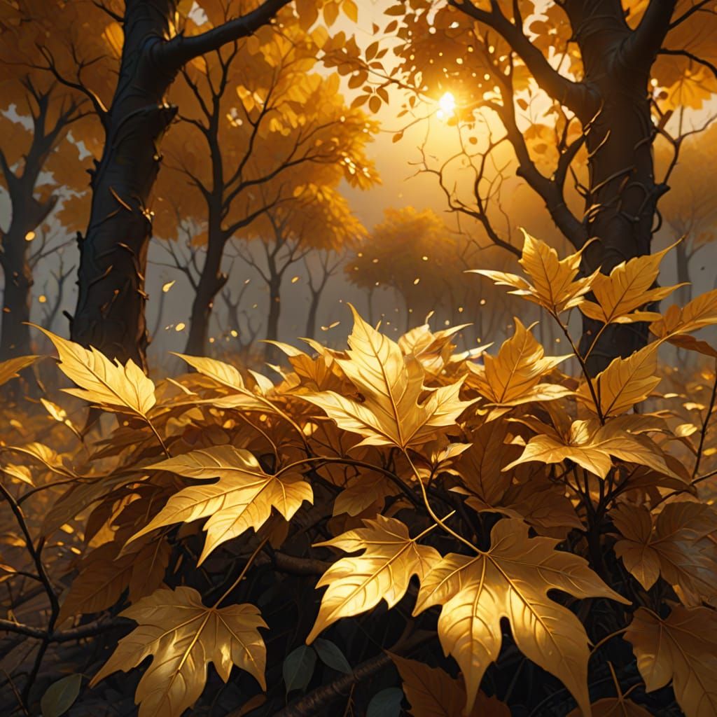 Golden Leaf Storm in Sunset: Fantasy Oil Painting