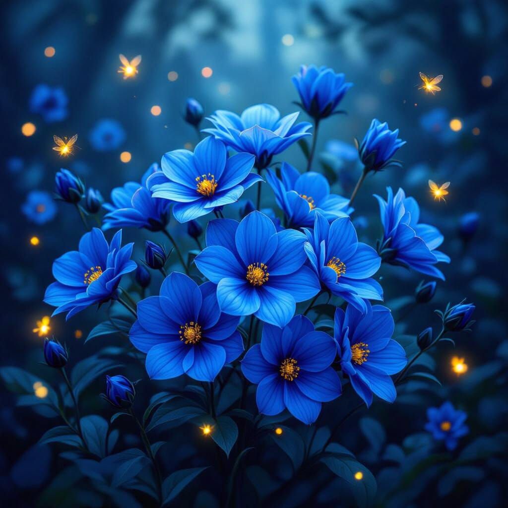 Bioluminescent Forest with Detailed Blue Flowers and Firefli...