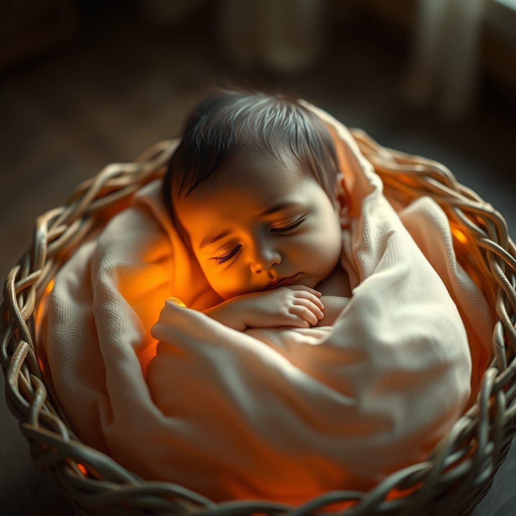 Serene Baby in Woven Basket, Swaddled in Soft Fabric, as Epi...