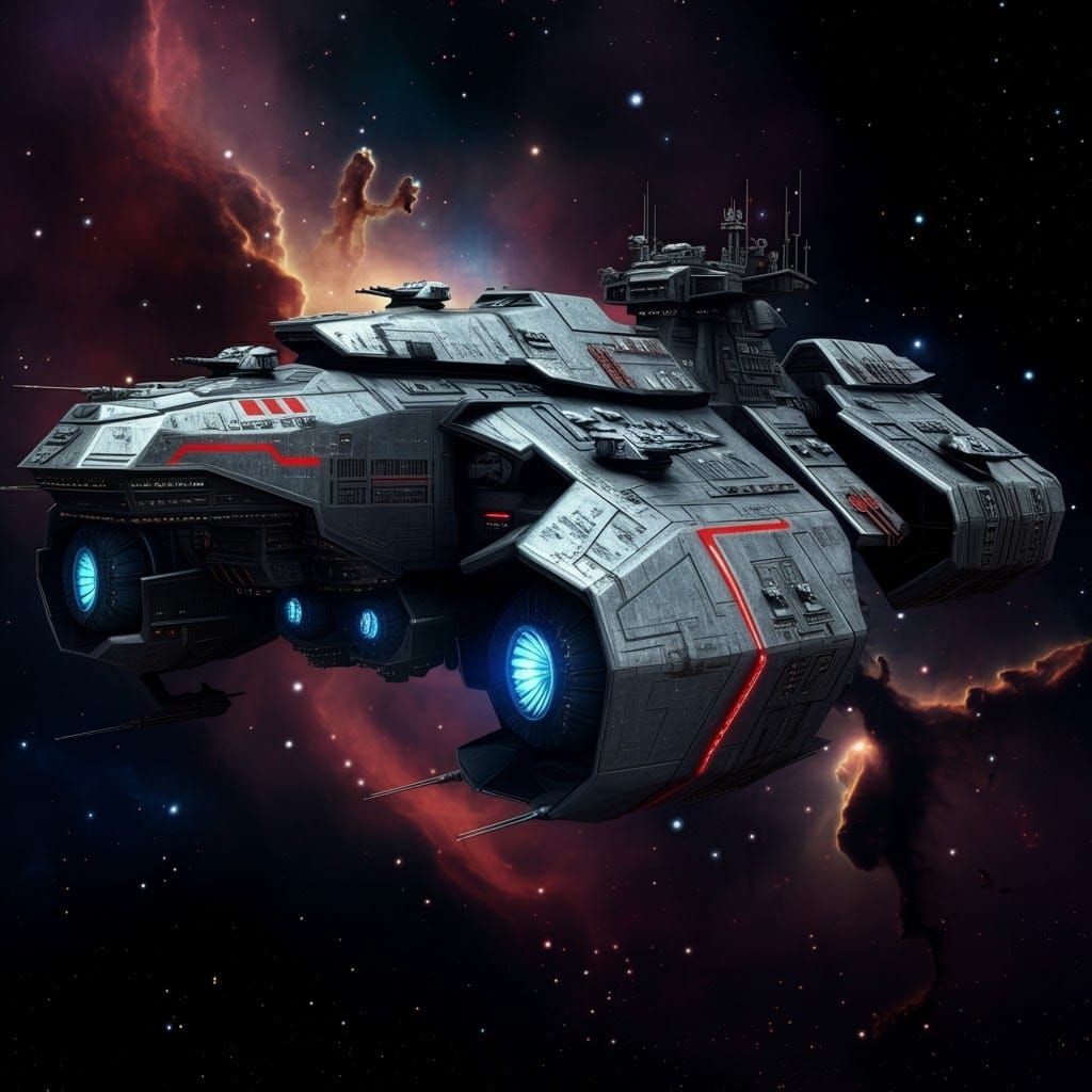 Space Warship Patrol Near Nebula in Gritty Concept Art
