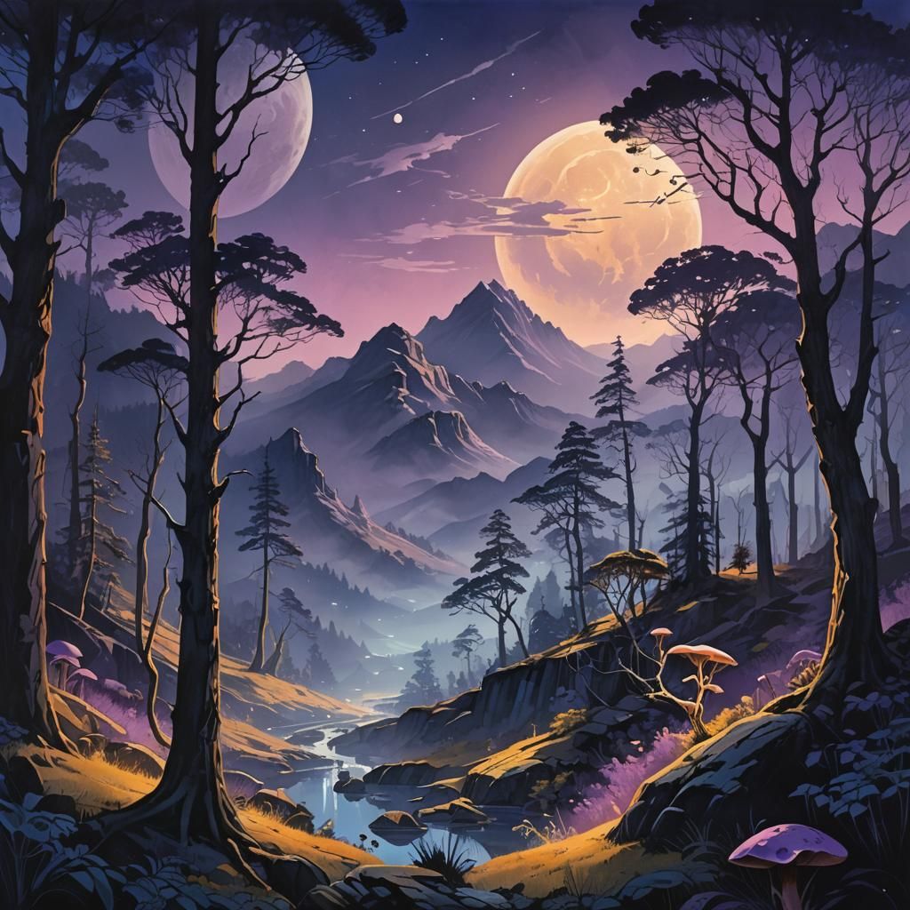 Misty Forest Under Moonlight: a Watercolour Fantasy