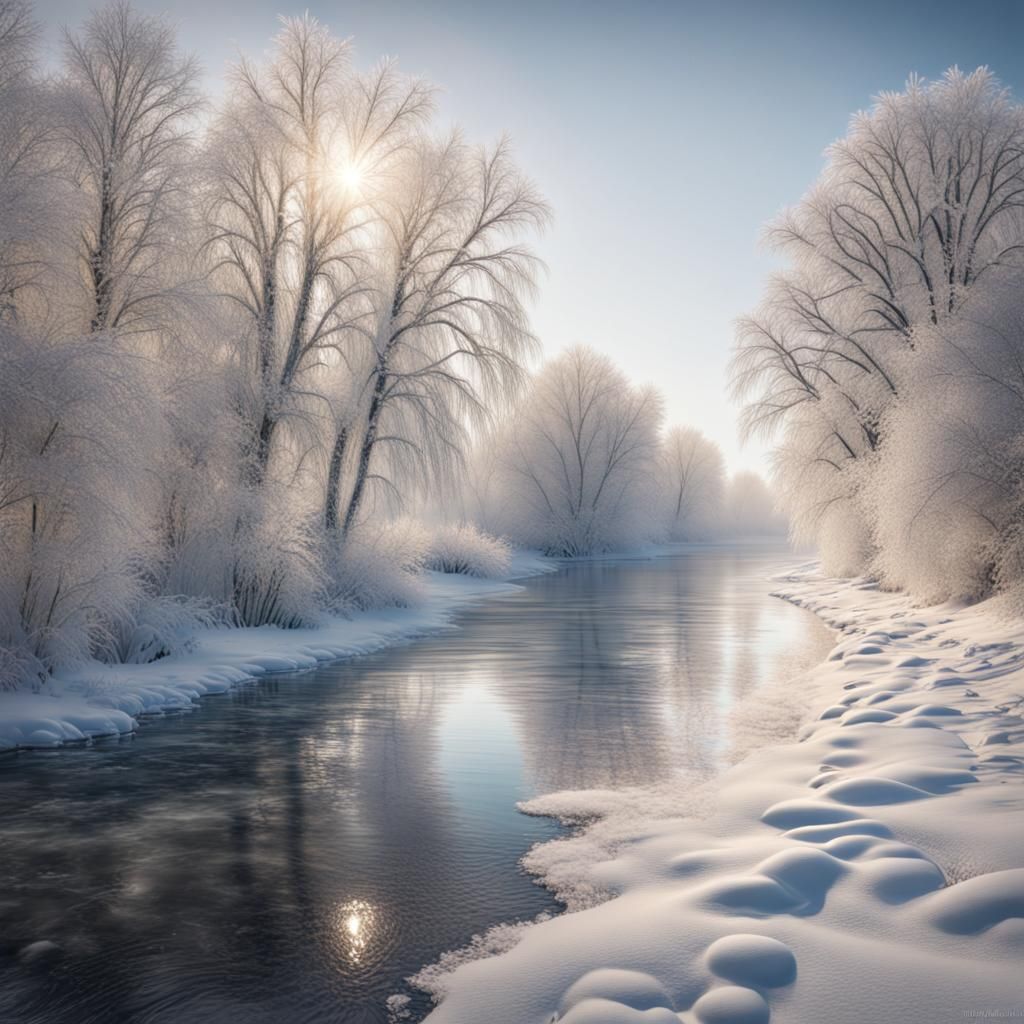 Icy Riverbank Winter Wonderland in Realistic Photography