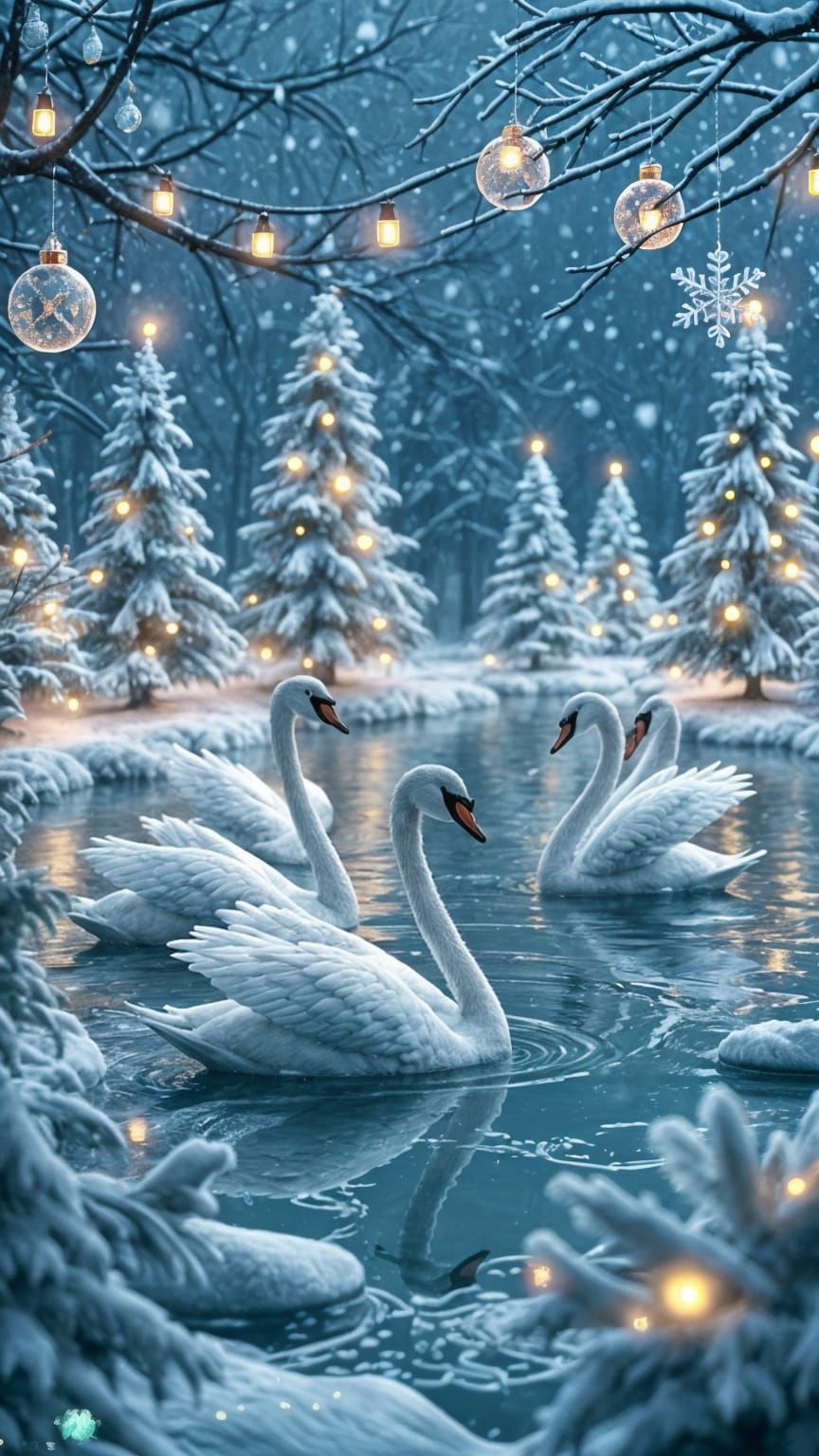 Cyberpunk Anime Swans Adorn a Snowy Winter Wonderland