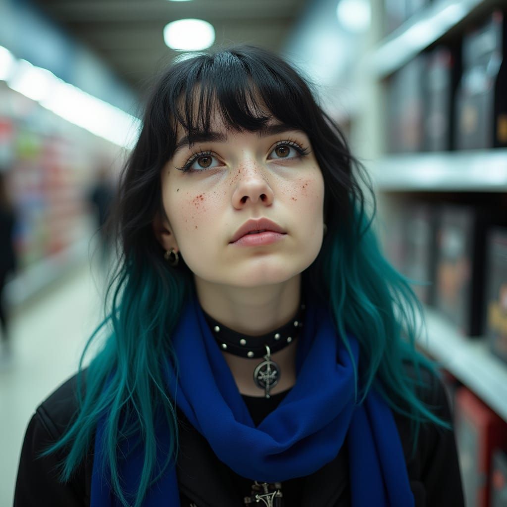 Young Woman with Teal Hair in Emo Style