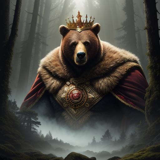 Regal Bear King in Misty Forest, Comic Book Art