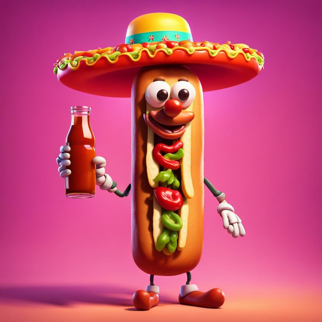 Humanoid Hot Dog with Sombrero: Pixar-Style 3D Art
