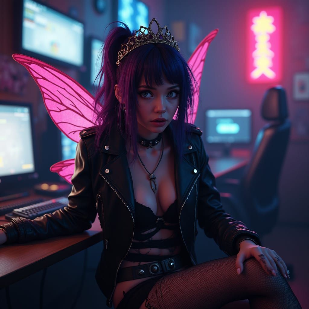 Cyberpunk Fairy Gamer with Horrified Expression