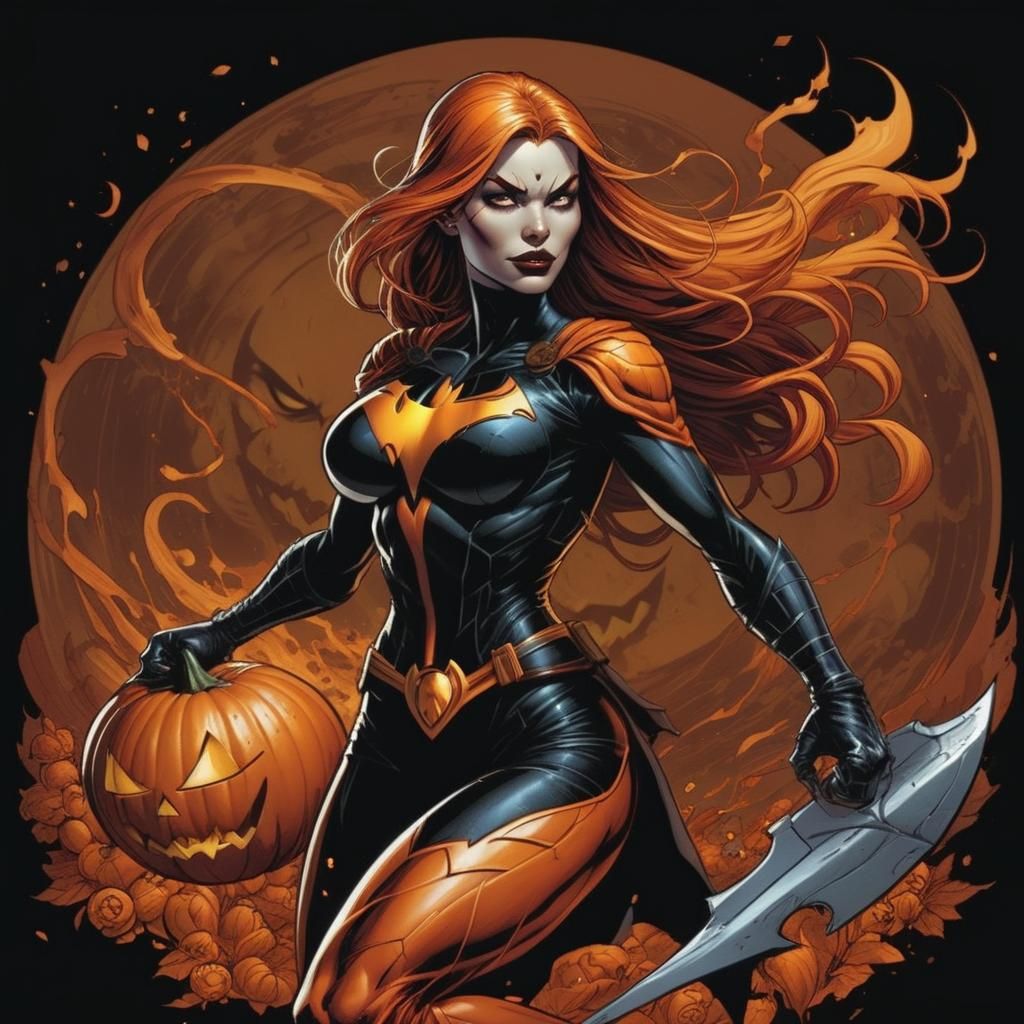 Pumpkin-Headed Woman in Comic Book Style