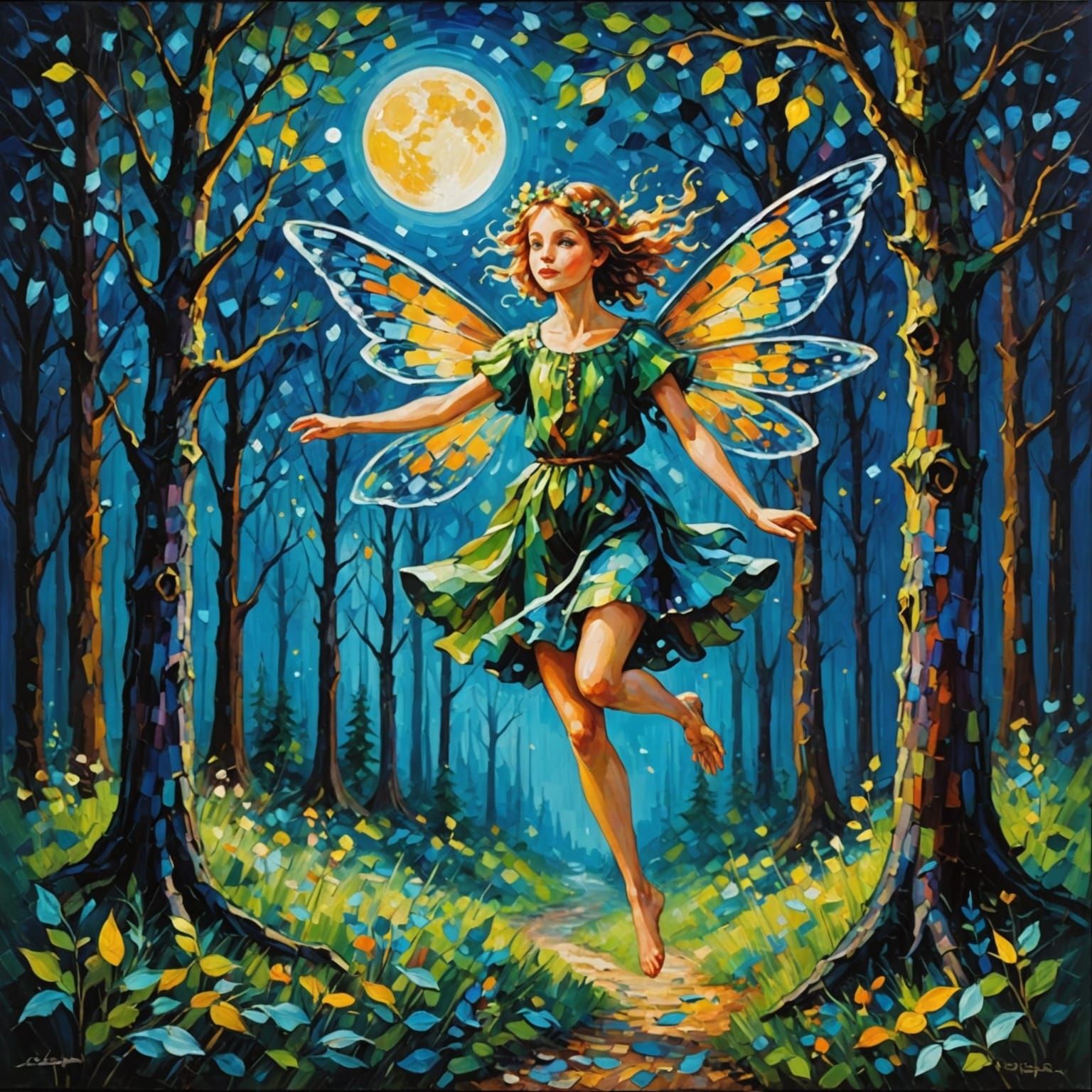 Magical Forest Fairy Flying Under Full Moon Night